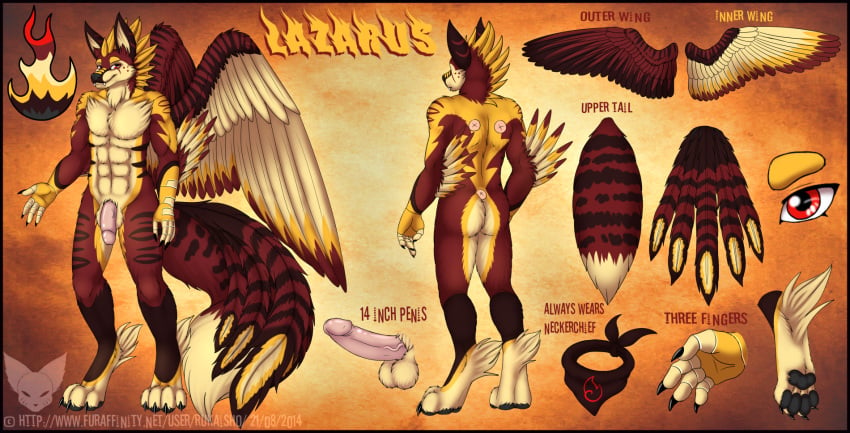 2014 avian bird canine erection feathers fox fur hand hindpaw hybrid lazarus_(rukaisho) looking_at_viewer male mammal mark_haynes model_sheet nude paws penis phoenix red_eyes red_fur scarf solo tail_feathers wings yellow_fur