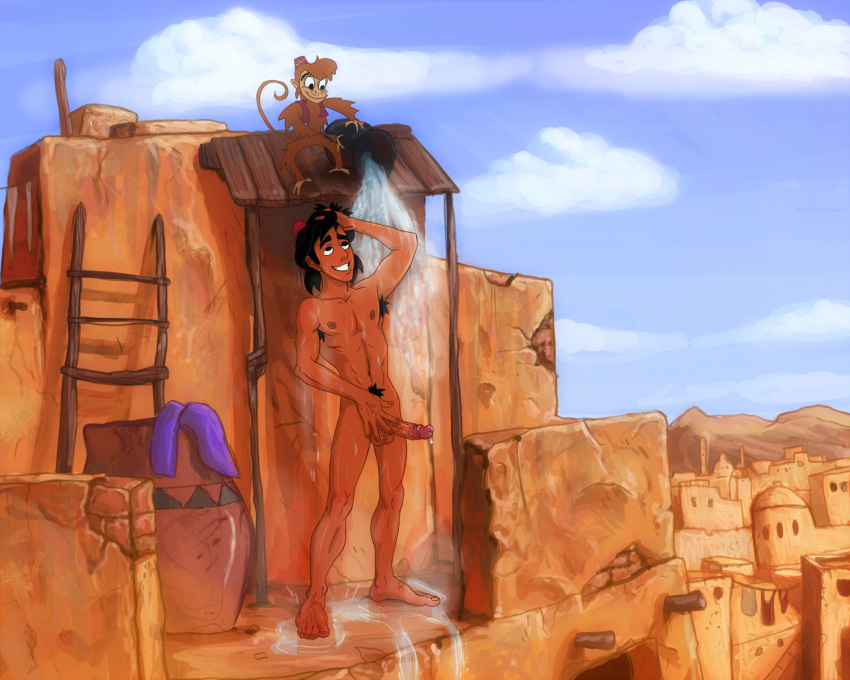 1boy abs abu_(aladdin) aladdin aladdin_(character) anma arab_male armpit_hair armpits balls barefoot biceps disney erection feet hair male male_only monkey muscle nude penis solo testicles wet