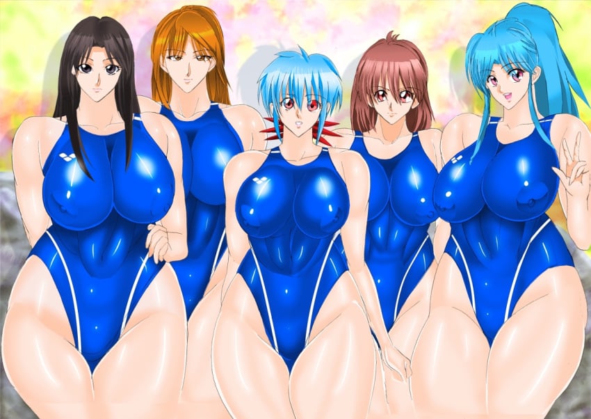 5girls atsuko_urameshi big_breasts blue_hair botan breasts brown_hair erection_under_clothes female female_only highleg human humanoid keiko_yukimura large_breasts long_hair looking_at_viewer mature mature_woman milf mother multiple_girls one-piece_swimsuit pale-skinned_female pale_skin quintet shinigami shizuru_kuwabara shounen_jump swimsuit thick_thighs voluptuous wide_hips yu_yu_hakusho yuki-onna yukina