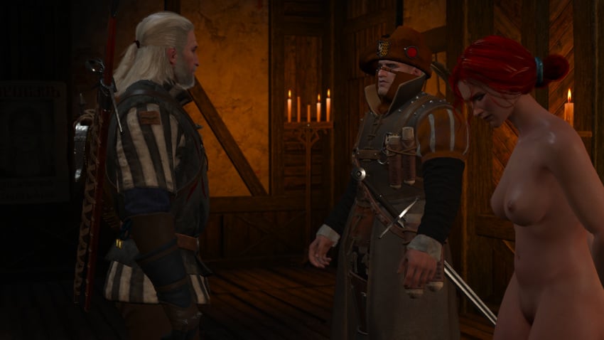 1girls 2boys 3d arms_behind_back arrest bait bound bound_arms bound_wrists captured cd_projekt_red clothed_male_nude_female geralt_of_rivia nude_female socartos the_witcher the_witcher_(series) the_witcher_2 the_witcher_3:_wild_hunt triss_merigold witch_hunter