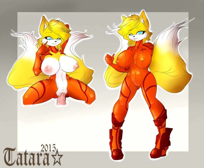 2015 anthro bedroom_eyes big_breasts blonde_hair blue_eyes bodysuit breasts cameltoe canine clothing cowgirl_position crouching cum cum_in_pussy cum_inside female fox fur furry_tail hair half-closed_eyes hand_behind_head hourglass_figure male mammal multiple_tails nipples on_top penis pussy rule_63 sex smile sonic_(series) straight tail tails tailsko tatara94 voluptuous