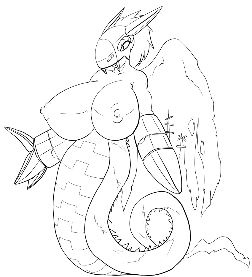 anthro big_breasts breasts claws cyborg digimon dragon female hair helmet huge_breasts marauder6272 mechanical megadramon muscles naga nipples nude reptile scalie slit_pupils solo wings