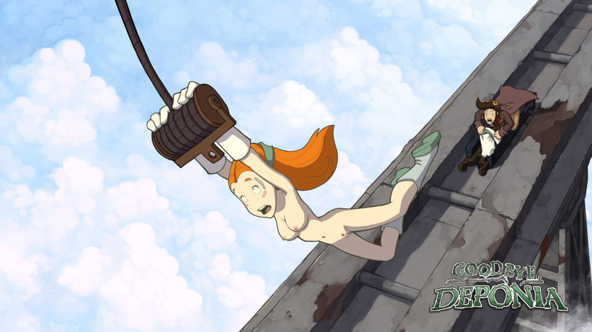 1boy 1girls accidental_exposure armpits breasts deponia edit enf female goal_(deponia) goodbye_deponia long_hair lost_clothes male nipples nude pubic_hair pussy red_hair rufus_(deponia) text wardrobe_malfunction