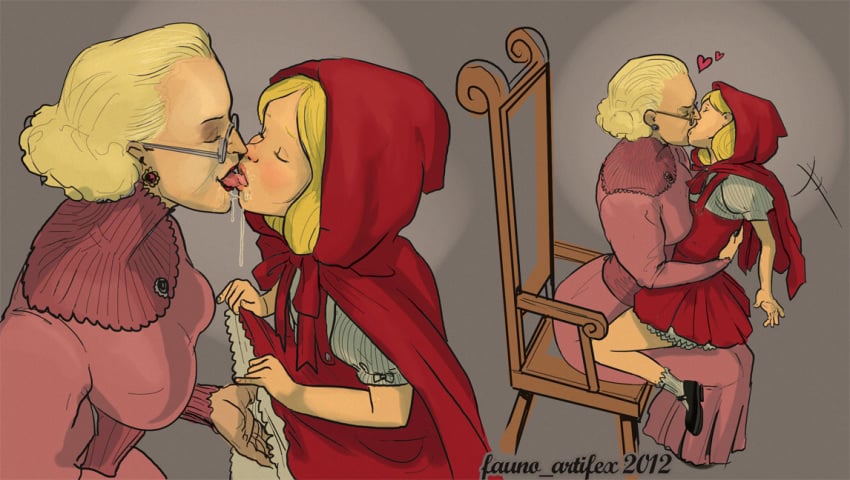 2girls age_difference blonde_hair clothing dress fairy_tales fauno_artifex female female_only gilf glasses granddaughter grandmother grandmother_and_granddaughter incest kissing lesbian little_red_riding_hood multiple_girls old_woman older_female saliva young yuri