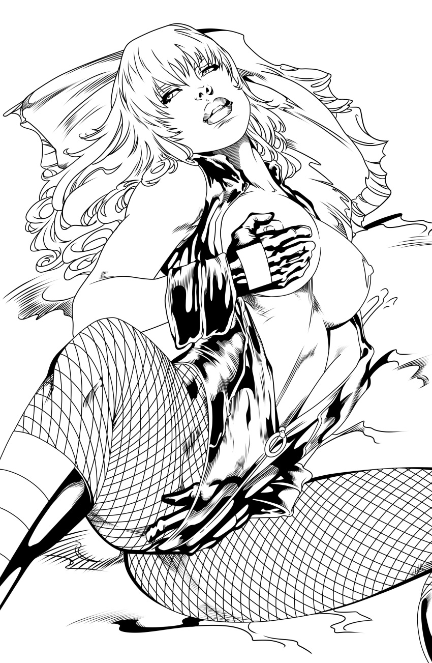 bed bedroom big_breasts black_and_white black_boots black_canary black_gloves black_leotard blonde blonde_hair boots breast_grab breasts breasts_out dc dc_comics dinah_lance fishnet gloves green_arrow_(series) horny in_bed inked leotard masturbation on_bed partially_clothed renato_camilo tagme thick_thighs thighs zipper_pull_tab