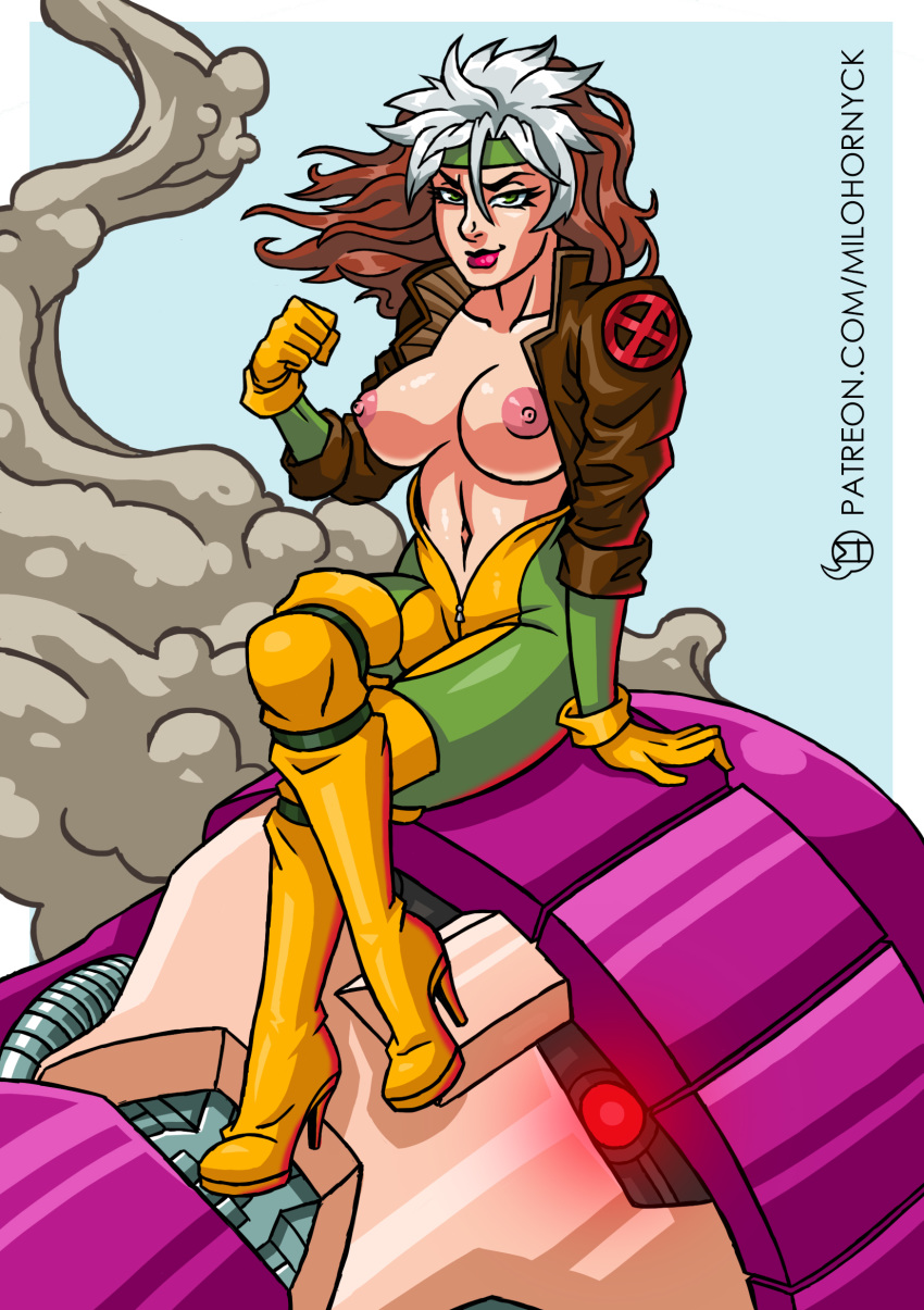 1girls anna_marie big_breasts bodysuit boots breasts brown_hair crossed_legs female female_only footwear gloves green_eyes headband high_heel_boots high_heels knee_boots leather_jacket legs lipstick looking_at_viewer makeup marvel marvel_comics milo_hornyck multicolored_hair nipples open_clothes red_lipstick robot rogue_(x-men) seated sentinel shoes simple_background smoke solo thick_thighs thighs white_hair x-men