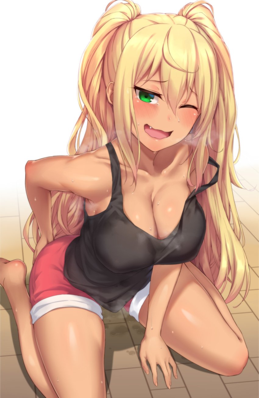 1girls black_topwear cleavage collarbone dumbbell_nan_kilo_moteru? eyebrows_visible_through_hair female female_only gyaru horny human_only looking_at_viewer lun7732 one_eye_closed pussy_juice pussy_juice_drip sakura_hibiki shorts solo steamy_breath sweat tagme