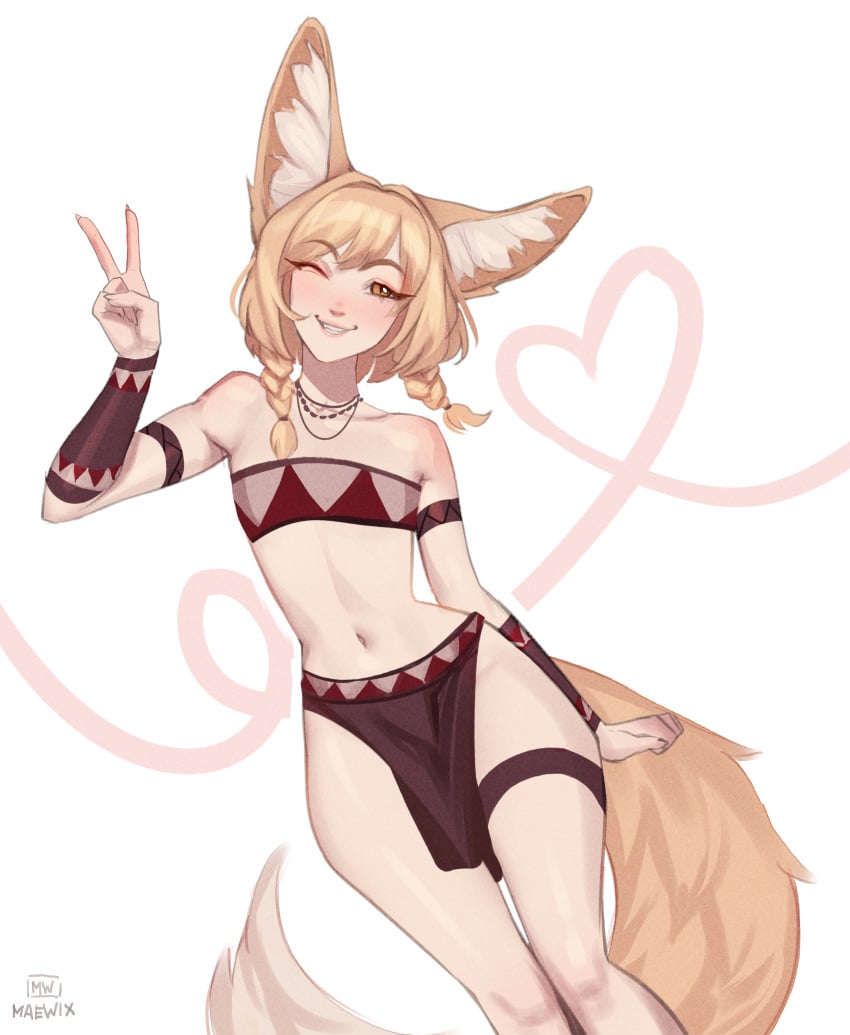 1girls absurd_res blonde_hair blush female female_only fennec fennec_humanoid flat_chest fox_ears fox_girl fox_tail khiara_(personalami) loincloth looking_at_viewer maewix1 orange_eyes smiling smiling_at_viewer solo tail twin_braids v_sign white_background wink winking_at_viewer