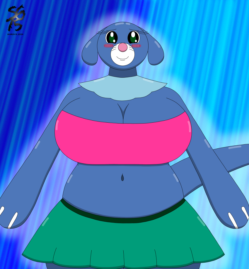 2024 anthro belly_button big_breasts blush blush_lines breasts embarrassed fizzy_pop_the_popplio green_skirt navel nintendo pink_tubetop pokemon pokemon_(species) pokemon_ss popplio skirt solandgamer75 tail tubetop