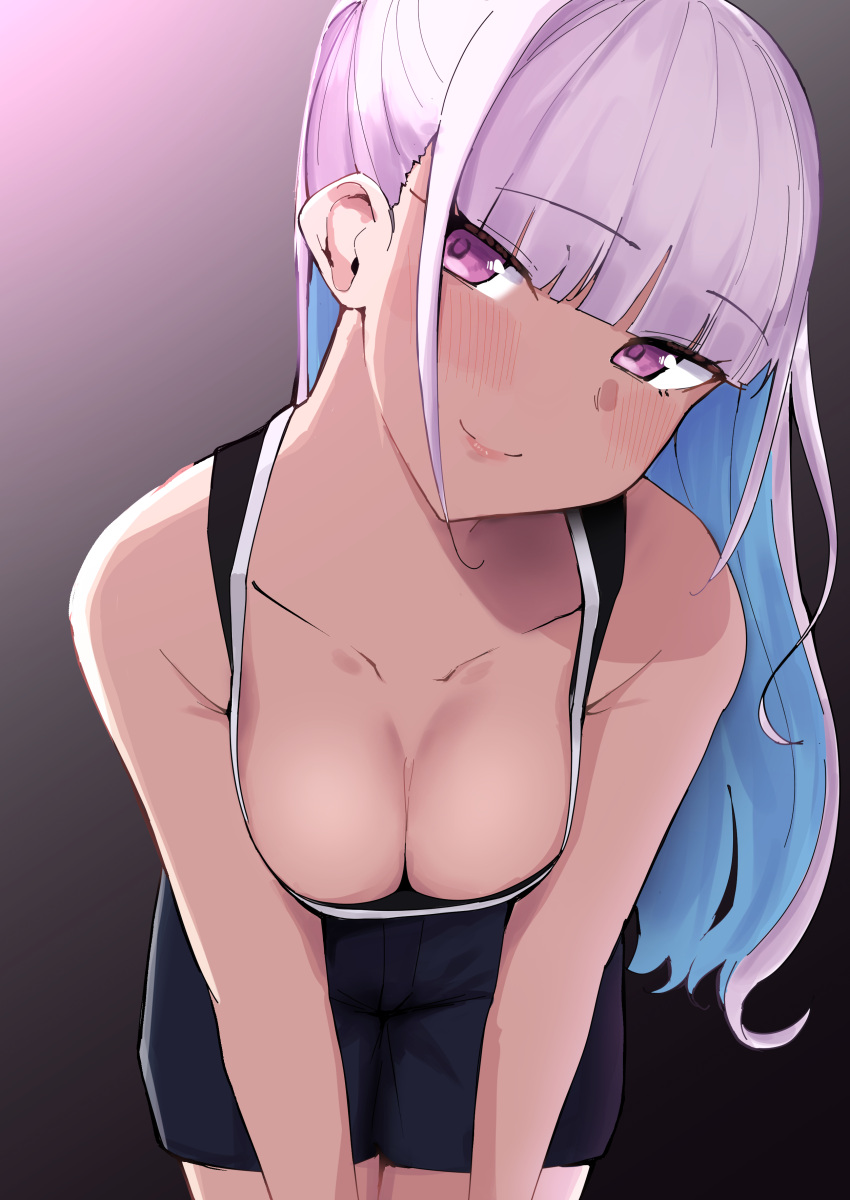 1girls bending_over bent_over blue_hair blush breasts cleavage collarbone distracted female highlights_(coloring) leaning_forward lize_helesta looking_at_viewer medium_breasts nijisanji pink_eyes pink_hair ponytail solo teasing two_tone_hair virtual_youtuber