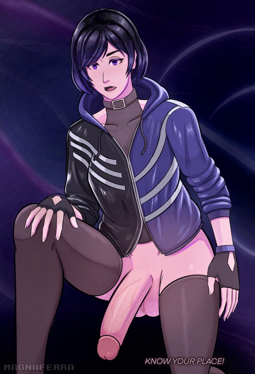 1futa asian_female balls bandai_namco big_penis black_and_purple_hair black_hair bottomless breasts clothed clothed_futanari clothes clothing collar copyright_name detailed_background english_text erection exposed_penis fingerless_gloves flaccid flaccid_penis futa_only futanari human jacket light-skinned_futanari light_skin magna_ferra namco open_mouth partially_clothed penis purple_eyes reina_mishima short_hair solo tekken tekken_8 thighhighs