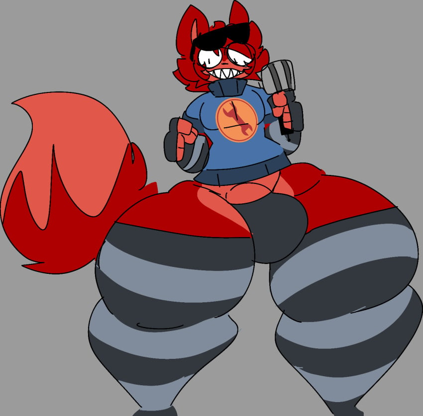 1boy arm_gloves big_ass bulge crazed_look crazy_eyes crazyassfox22 fox male_only proxy_(crazyassfox22) red_fur red_hair sharp_teeth solo thick_legs thigh_highs thong toothy_grin turtleneck wide_hips