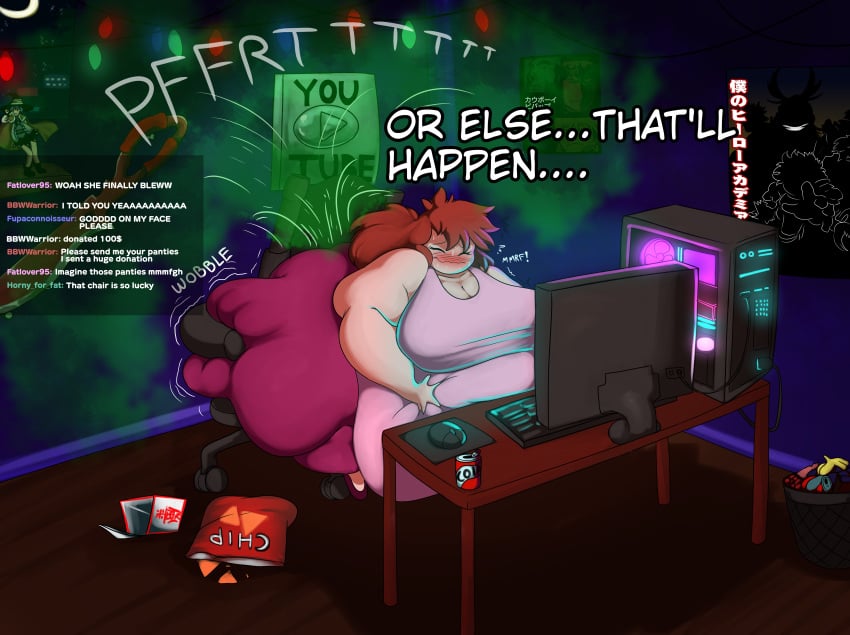 2024 background bbw big_ass big_belly big_breasts bigladiesidk blush blush brown_hair chat_box chinese_food chips_(food) closed_eyes cola color commission computer computer_chair computer_keyboard computer_monitor computer_mouse computer_tower desk detailed_background detailed_shading dialogue fart fart_cloud fart_fetish fart_sound_effect farting farts fat fat_arms female female_focus female_only figurine gaming_chair holding_stomach huge_ass huge_breasts light-skinned_female light_skin lights motion_lines onomatopoeia pink_pants pink_shirt pink_shoes pop_can poster room shaded shgurr sitting_on_chair sweat sweating sword thick_arms thick_thighs trash trash_can youtube youtube_avatar youtube_creator_award youtuber youtuber_girl youtuber_sona