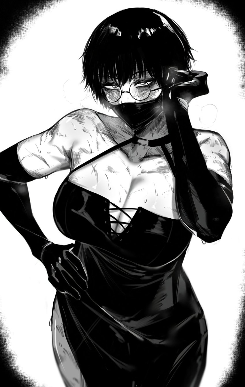 1girls armwear big_breasts black_and_white blush blushing burn_marks burn_scar burns busty cleavage dress elegant_dress face_mask female female_only glasses huge_breasts jujutsu_kaisen large_breasts mask masked masked_female masoq095 monochrome revealing_clothes round_glasses scarred scars short_hair shounen_jump sweat sweating sweaty tomboy very_short_hair wounds zenin_maki