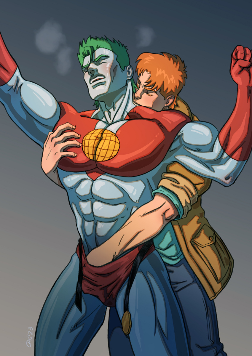 2boys abs artist_request belt_unbuckled blush breath_cloud captain_planet captain_planet_and_the_planeteers fully_clothed gay green_hair groping hand_in_underwear male_only muscular no_visible_genitalia red_hair wheeler