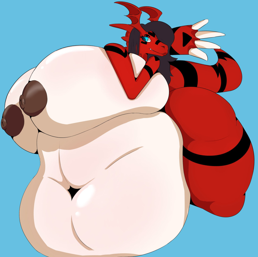 arm_on_breast big_nipples coltetbe digimon guilmon hyper hyper_breasts hyper_thighs lizard original_characer pinup pinup_pose shaded side_eye simple_background snout tail weight_gain wings