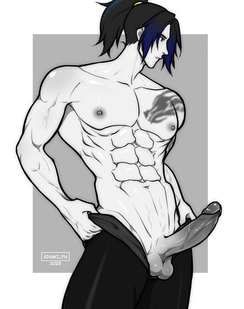 aisaki_ph2 aisakiph balls big_balls big_penis erection huge_cock long_hair male male_only mobile_legends mobile_legends:_adventure mobile_legends:_bang_bang monochrome muscles muscular muscular_male nude pants_down penis solo standing tattoo zilong