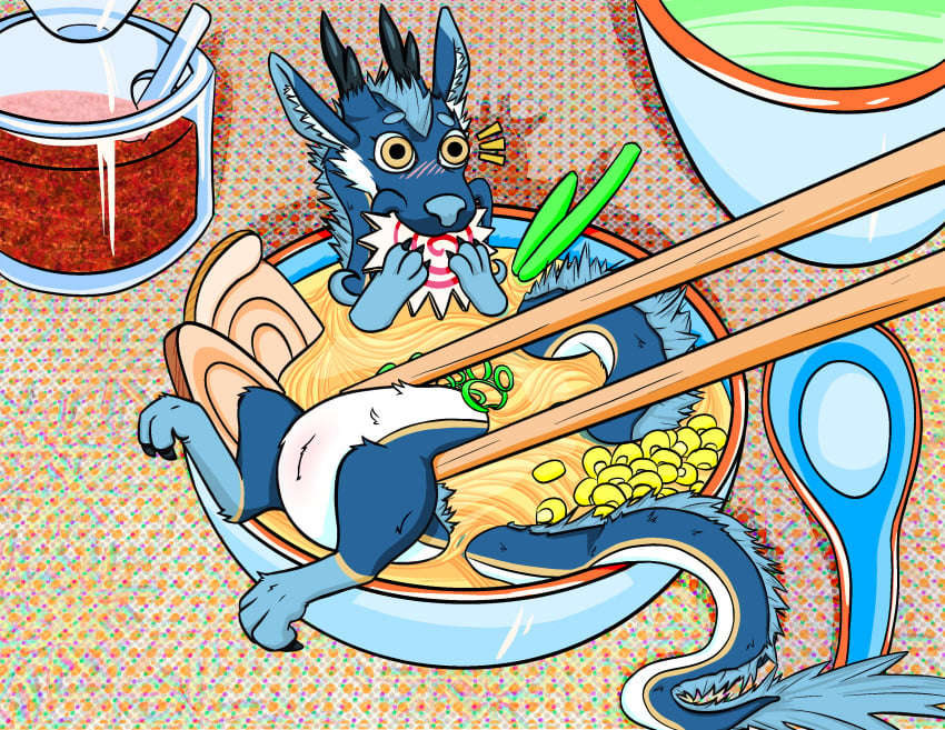 2024 absurd_res andromorph blue_body blue_fur blush blush_lines bowl chewing chopsticks claws container cuntboy curling_toes detailed_background digital_media_(artwork) dragon eastern_dragon eating eating_food feet feral flustered food food_in_mouth front_view full-length_portrait fur furniture genitals grabbing_object hair hi_res high-angle_view horn intersex long_tail looking_at_viewer lying male mane mane_hair mythological_creature mythological_scalie mythology noodles nude object_in_mouth on_back partially_submerged portrait prismfloof pussy ramen realistic scalie shaded shadow slit_(disambiguation) slomnir solo surprise surprised_expression table tail tail_tuft toe_claws tuft water whiskers white_body white_fur wide_eyed yellow_body yellow_fur