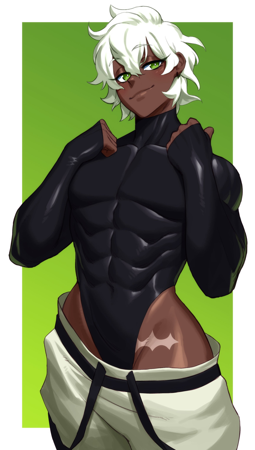 1boy abs ambush_(trap) dark-skinned_femboy dark-skinned_male dark_skin femboy girly green_eyes leotard looking_at_viewer lucius_(kittbetelgeuse) male male_only muscular muscular_male narrowed_eyes smiling smiling_at_viewer solo sotcho very_high_resolution white_hair