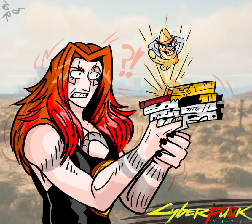 1girls bullet cyberpunk cyberpunk_2077 cyberpunk_2077:_phantom_liberty female funny genitalia hologram holographic humor humor_porn iconic male_genitalia meta_humor no_source official_art penis pistol pistol_in_hand red_hair ridiculous risobase shock shocked skippy skippy_(cyberpunk_2077) smart_pistol sunglasses surprised tagme v_(cyberpunk_2077) valerie_(cyberpunk_2077) weapon weapon_in_hand weapons