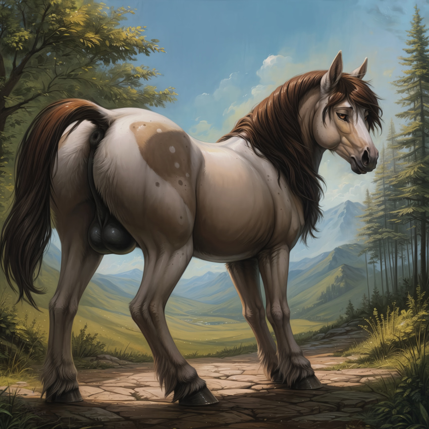 absurd_res ai_generated anus ass balls black_anus black_balls black_hooves black_perineum blp brown_body brown_fur brown_mane ears_up equid equine equine_anus feral forest fur fur_markings genitals glistening glistening_genitalia hi_res hooves horse looking_at_viewer looking_back looking_back_at_viewer low-angle_view male mammal mane markings mountains mouth_closed multicolored_body multicolored_fur outside perineum plains plant presenting presenting_hindquarters solo standing tail_aside tan_body tan_fur three-quarter_view tree yellow_eyes