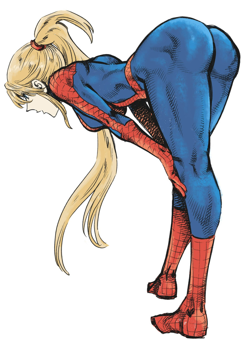 1girls ass bent_over blonde_hair blue_eyes bodysuit booty breasts commentary_request cosplay dat_ass female female_only from_behind highres large_breasts long_hair marvel metroid nintendo pawg ponytail samus_aran simple_background solo spider-man spider-man_(cosplay) spider-man_(series) spider-man_(toei) thighs toned tsunamino_yuu very_long_hair white_background