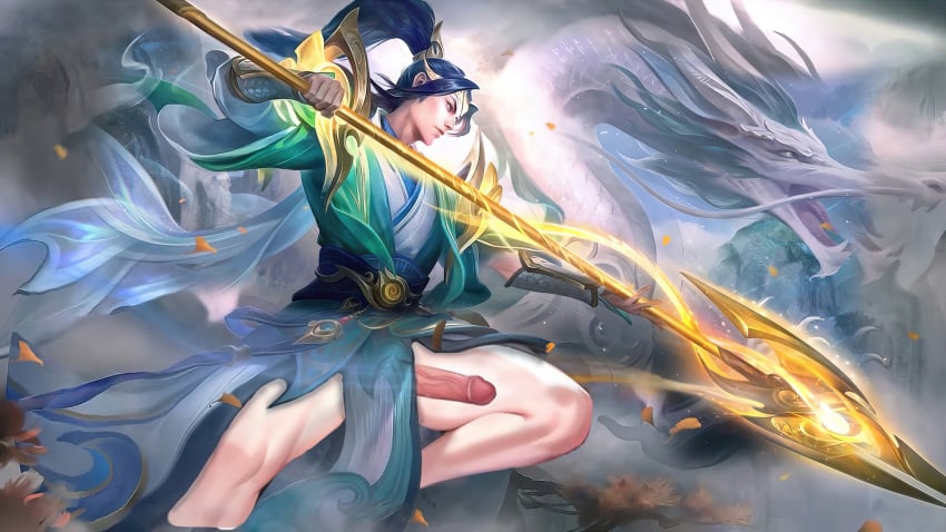 big_penis clothed clothing dragon erection floating legs long_hair male male_only mobile_legends mobile_legends:_bang_bang penis solo spear spread_legs weapon zilong