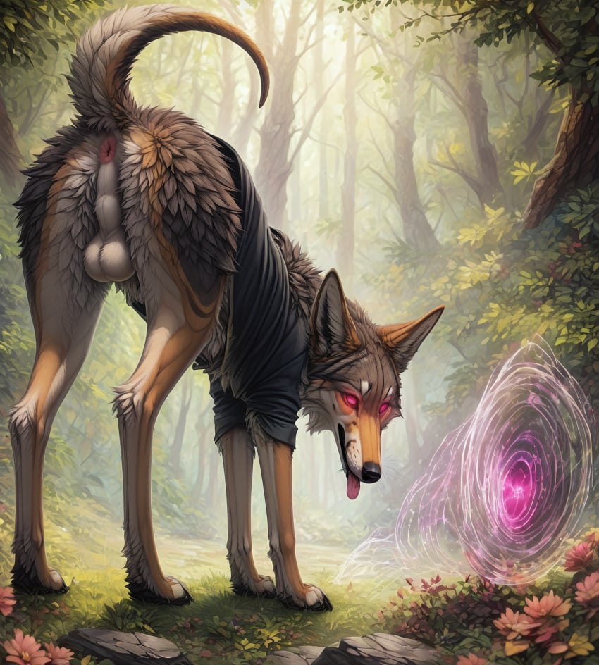 ai_generated anus ass balls big_ears black_claws black_nose blp canid canine canis claws clothed clothed_feral clothing coyote detailed detailed_background detailed_fur ears_up feral flower forest fur furry genitals glowing glowing_eyes grey_body grey_fur hi_res looking_at_viewer looking_back looking_back_at_viewer low-angle_view magic male mammal multicolored_body multicolored_fur outside paws perineum pink_anus pink_eyes plant portal presenting presenting_hindquarters raised_tail rock solo standing tan_body tan_fur three-quarter_view tongue tongue_out topwear tree white_balls white_body white_fur white_perineum