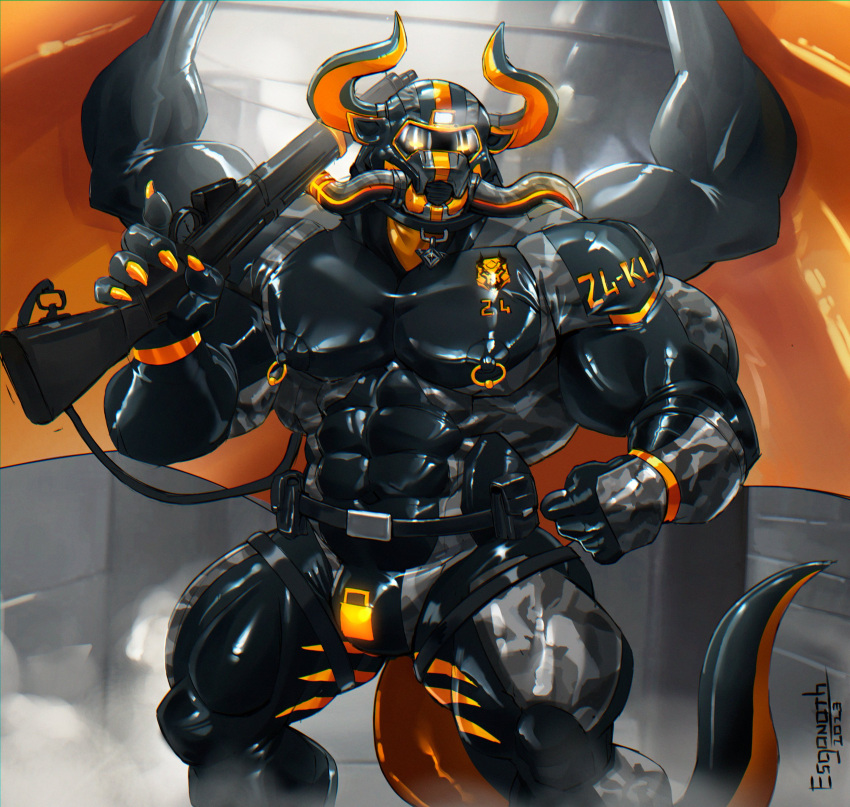 2023 2_horns abs absurd_res anthro barazoku biceps big_muscles biped clothing collar_tag dragon esganoth full_body_suit gag gun hi_res horn huge_muscles identification latex latex_clothing latex_skinsuit lock_bulge looking_at_viewer male muscular muscular_anthro muscular_male muscular_sub mythological_creature mythological_scalie mythology nipple_piercing nipple_ring nipples pecs piercing ranged_weapon rifle ring_gag ring_piercing scalie skinsuit solo submissive submissive_anthro submissive_male tight_clothing weapon zakal_(zakthedragon)