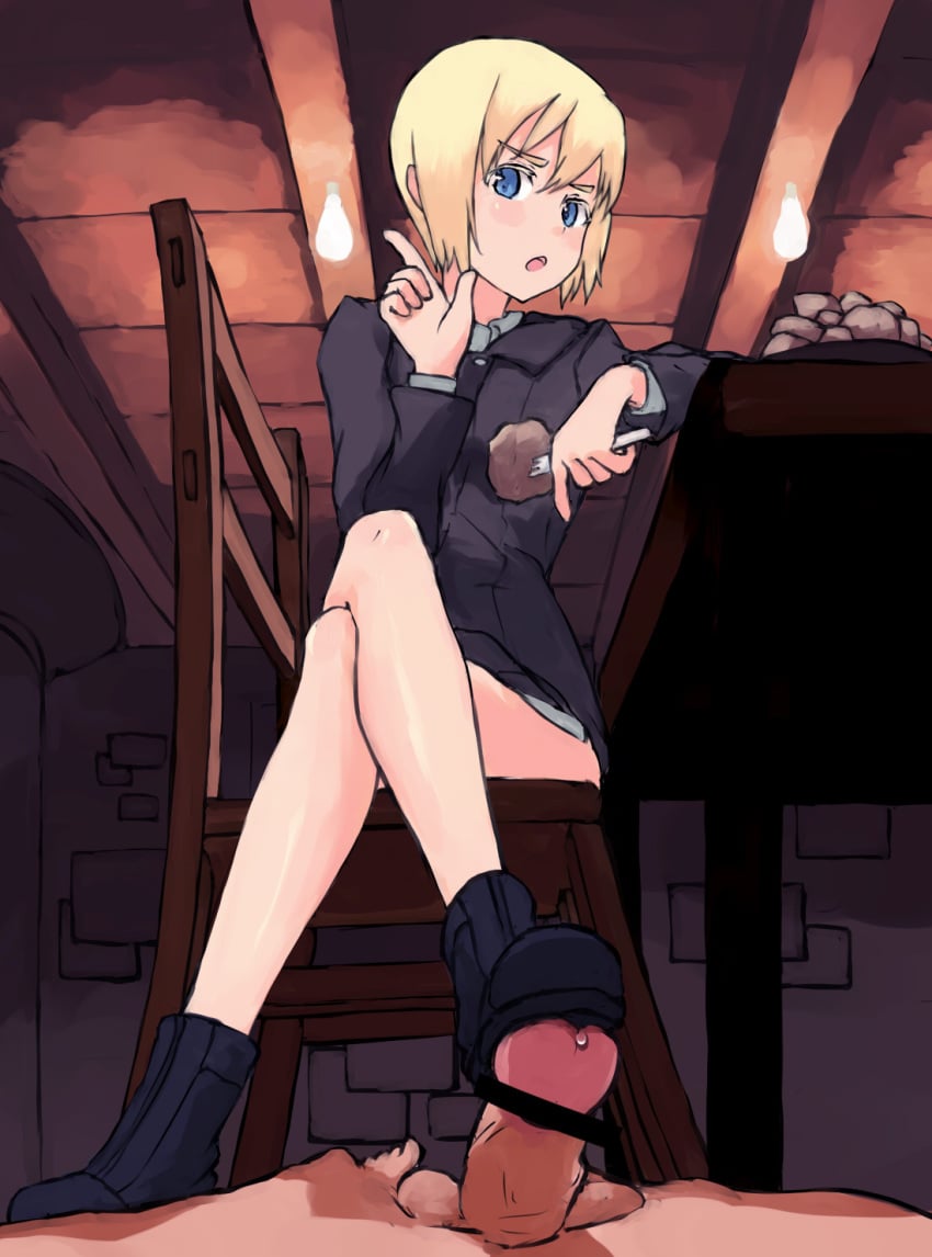 blue_eyes bottomless censored chair clothing crossed_legs domination erica_hartmann feet female femdom footjob fork highres male penis pov shibafu_(glock23) shoejob shoes short_hair sitting small_penis straight strike_witches uniform world_witches_series