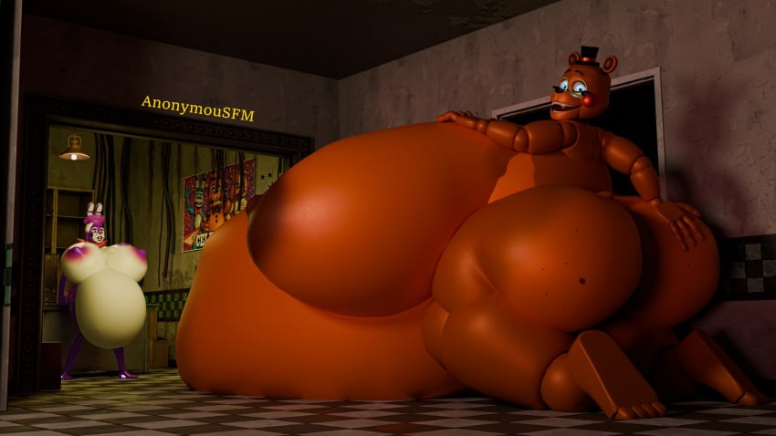 3d_(artwork) animatronic anonymousfm anthro areola ass belly big_belly big_breasts big_butt bonnie_(fnaf) bonnie_(psychojohn2) breasts clothing digital_media_(artwork) duo fan_character female female/female five_nights_at_freddy's five_nights_at_freddy's_2 hair hat headgear headwear hi_res huge_belly huge_breasts huge_butt hyper hyper_belly hyper_breasts looking_back machine nipples nude open_mouth overweight pregnant pregnant_female robot scottgames size_difference teeth thick_thighs toy_freddy_(fnaf) wide_hips