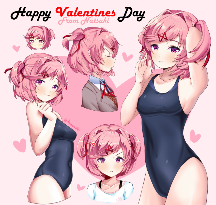 1female 1girls 5_fingers accurate_art_style anger_vein artist_name breasts bruuno bruunoscp collarbone doki_doki_literature_club english_text female female_focus girl hair_intakes heart hearts holidays natsuki_(doki_doki_literature_club) navel navel_visible_through_clothes petite pink_eyes pink_hair school_swimsuit sideboob solo_focus swimsuit swimwear text twitter_username valentine valentine's_day valentines_day young