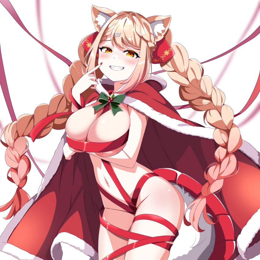 animal_ear_fluff animal_ears bangs blonde_hair blush bow braid breast_hold breasts cape cleavage cloak ebiko_(vtuber) female fur-trimmed_cape fur_trim green_bow grin hair_ornament large_breasts long_hair looking_at_viewer nail_polish naked_ribbon navel orange_eyes red_cape red_nails red_ribbon ribbon rojogawnina smile solo tail twin_braids twintails very_long_hair virtual_youtuber