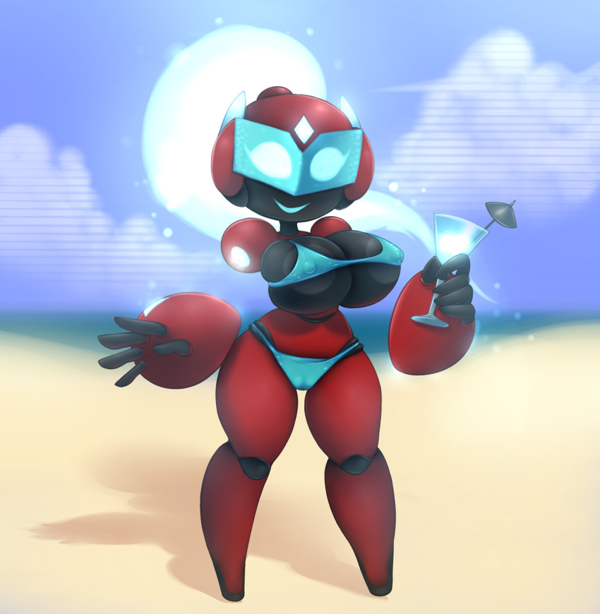 barely_contained beach bikini ela_(metachoke) glowing_eyes gynoid holding_glass huge_breasts large_breasts metachoke nipple_bulge puffy_nipples robot robot_girl smile smiling_at_viewer thick_thighs wide_hips