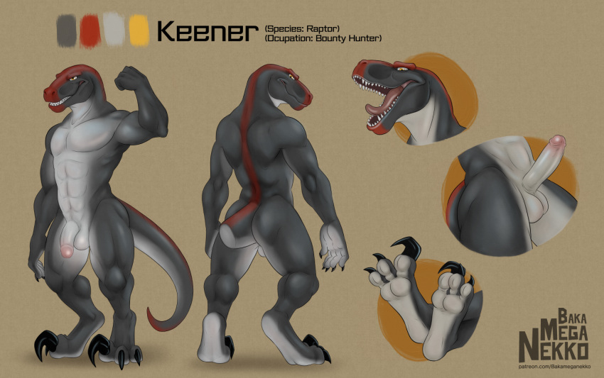 3_toes 5_fingers anthro bakameganekko balls claws dinosaur dromaeosaurid feet fingers genitals humanoid_genitalia humanoid_penis keener male model_sheet muscular open_mouth pawpads penis reptile scalie sharp_teeth smile solo tapering_tail teeth theropod toe_claws toes tongue toothy_grin