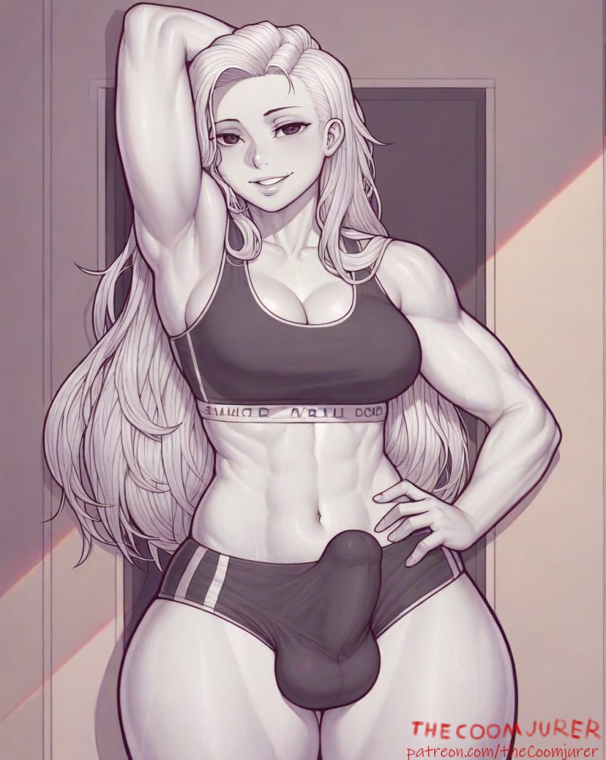 1futa abs ai_generated armpits arms_up ball_bulge balls_in_panties balls_under_clothes big_breasts big_penis bulge cleavage dickgirl erection erection_in_panties erection_under_clothes futa_only futanari gray_eyes gym gym_clothes gym_uniform hair hand_on_hip inviting looking_at_viewer muscular muscular_futanari panties panty_bulge penis_bulge penis_in_panties penis_under_clothes pose posing smile solo solo_focus solo_futa sports_bra tenting thecoomjurer white_hair white_skin wide_hips