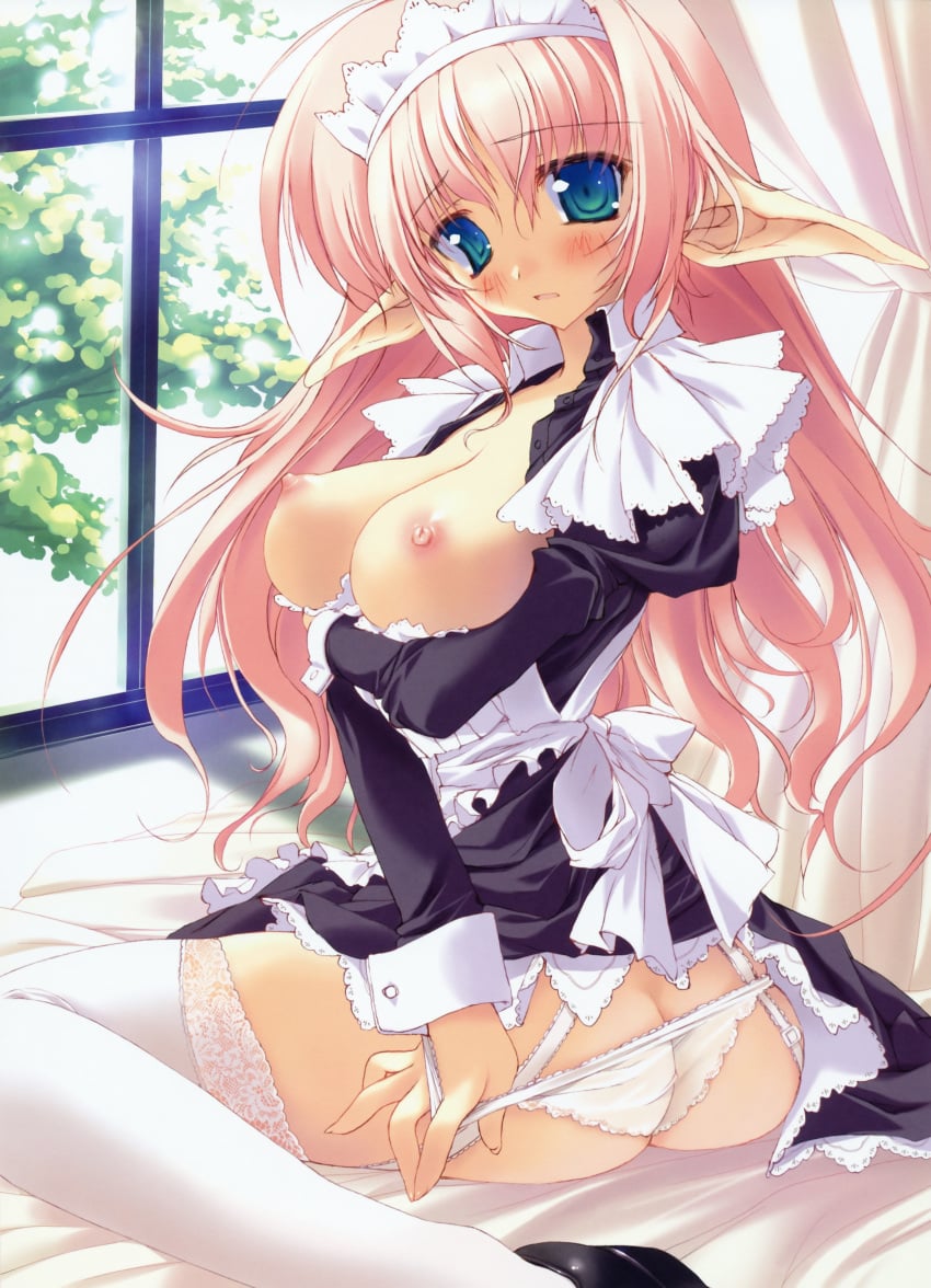 ass blue_eyes blush breast_hold breasts color copyright_request female garters green_eyes headdress highres lace lace-trimmed_thighhighs long_hair maid nipples open_clothes open_shirt panties panty_pull pink_hair pointy_ears shirt sitting solo thighhighs tsurusaki_takahiro underwear wrist_cuffs