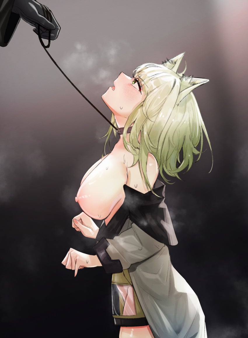 1boy 1girls 2024 alternate_breast_size animal_ear_fluff animal_ears arknights big_breasts blush breasts breasts_out cat_ears catgirl choker elsi green_eyes green_hair heavy_breathing hi_res kal&#039;tsit_(arknights) kemonomimi kneeling leash leash_pull light-skinned_female light_skin nude nude_female short_hair slavegirl sweat sweating upper_body