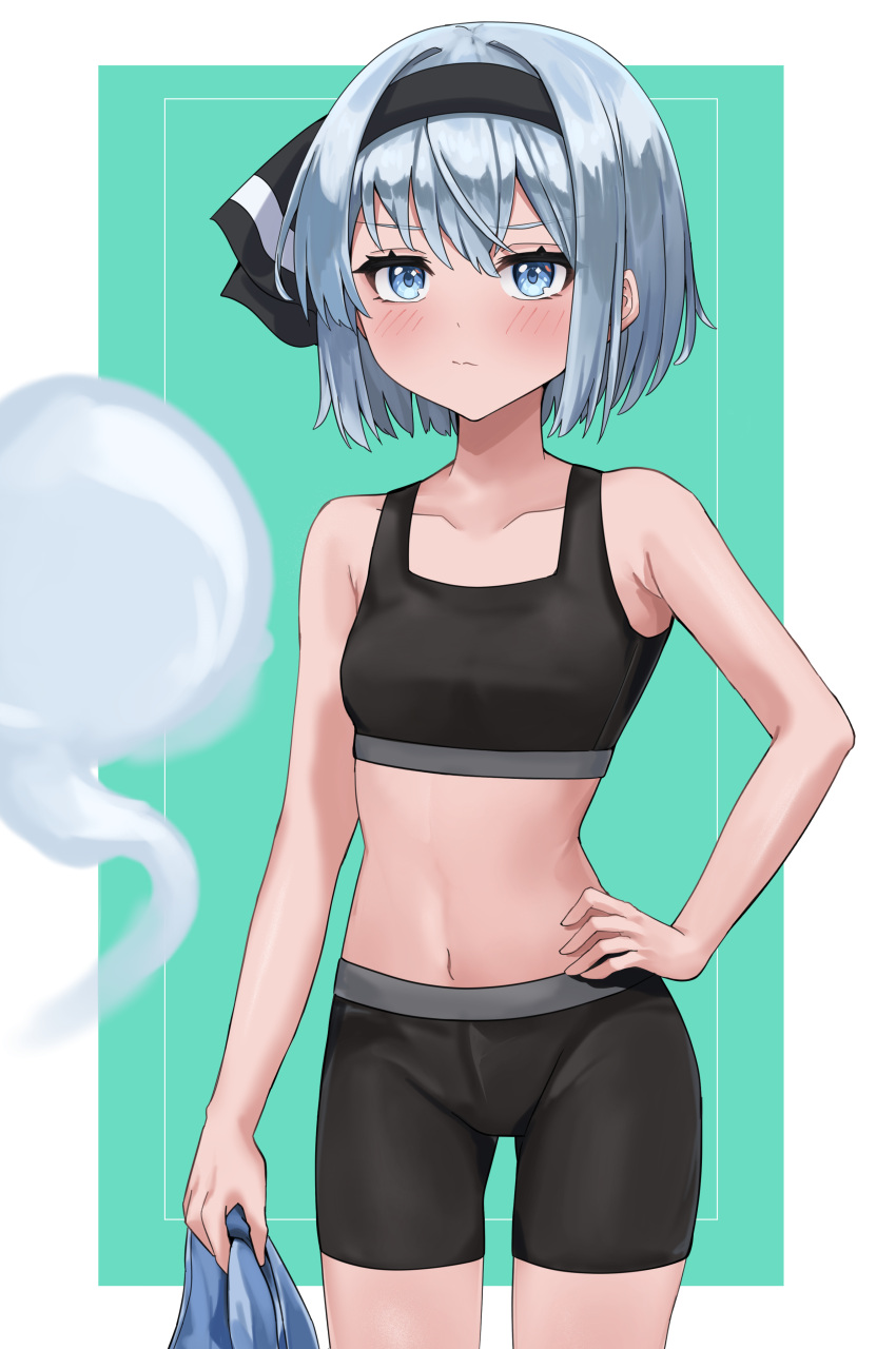 absurdres alternate_costume aqua_background bare_arms bike_shorts black_bra black_hairband black_shorts blue_eyes blush bra breasts closed_mouth collarbone cowboy_shot female flat_chest grey_hair hair_between_eyes hairband hand_on_own_hip highres holding konpaku_youmu konpaku_youmu_(ghost) makeup mascara medium_hair navel ramiki short_shorts shorts small_breasts solo sports_bra sportswear standing thigh_gap touhou underwear youmu_konpaku youmu_konpaku_(ghost)