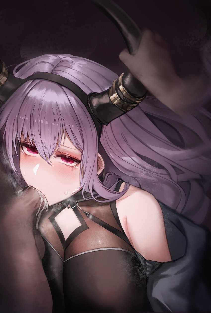 1boy 1girls absurdres arknights black_hairband breasts cum cum_in_mouth dark-skinned_male dark_skin deepthroat fellatio female hairband highres horn_grab horns large_breasts light-skinned_female light_skin long_hair onedr oral out_of_frame penis purple_eyes purple_hair saliva_on_penis tears typhon_(arknights)