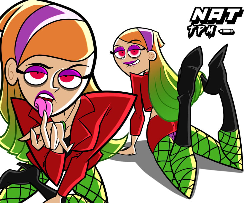 baggy_eyes boots danny_phantom eyes female fishnet_stockings green_hair high_heel_boots high_heels jazz_fenton kitty_(danny_phantom) miniskirt nat_tpm pose posing possessed possessed_clothes possession red_eyes red_hair red_skirt skirt stokings tongue tongue_out