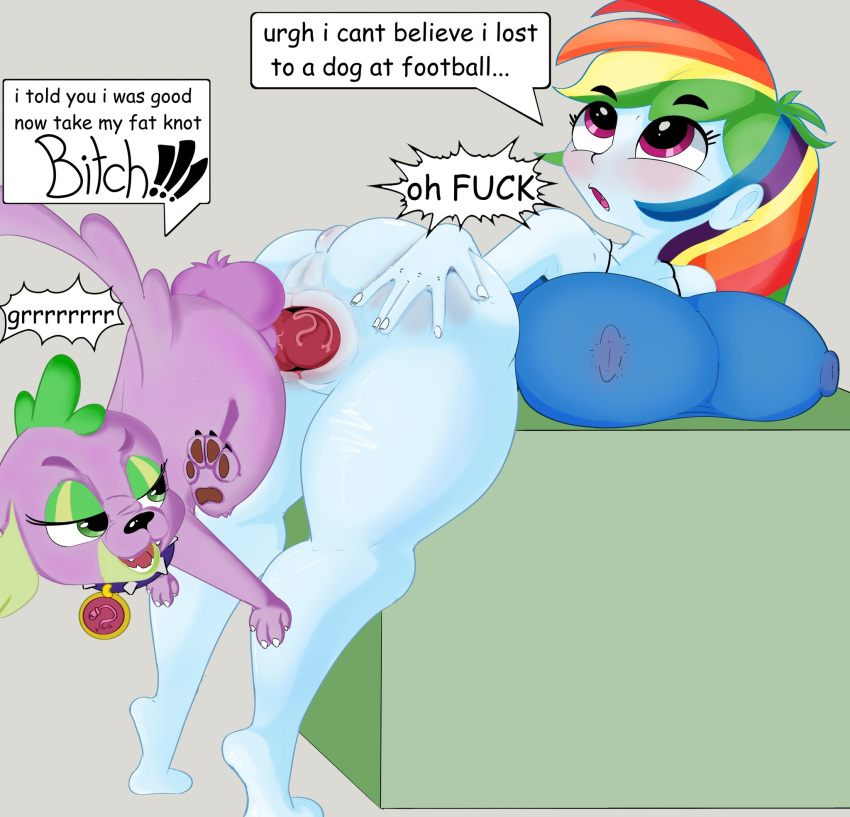 canine clothing coltetbe dialogue english_text erect_nipples erect_nipples_under_clothes human insult knotting large_breasts large_testicles moaning my_little_pony nipple_bulge rainbow_dash_(eg) spike_(mlp) text