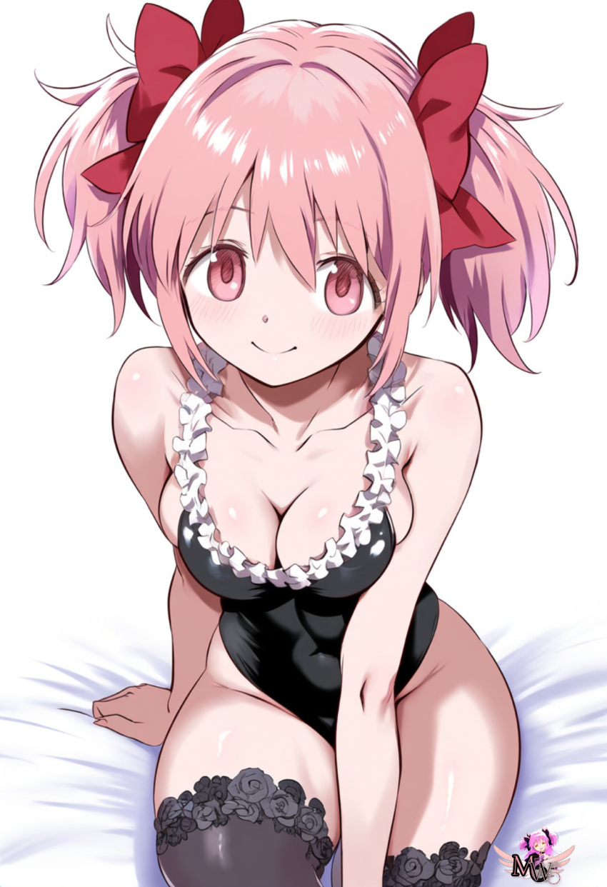 ai_generated artist_logo cute cute_face frills hair_ribbon highres leotard looking_at_viewer madoka_kaname madoka_worship magical_girl mahou_shoujo_madoka_magica medium_breasts on_bed pink_eyes pink_hair puella_magi_madoka_magica red_ribbon ribbon ribbons simple_background sitting smile thick_thighs thighhighs twintails wide_hips