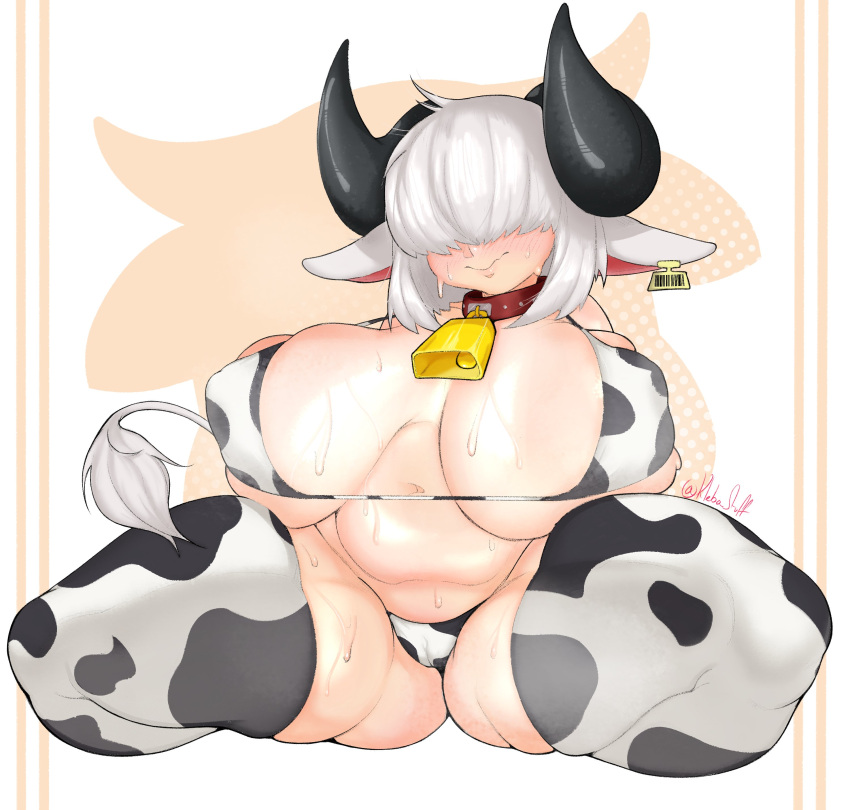 1girls belly big_breasts bikini blush cow_ears cow_girl cow_horns cow_print cow_print_bikini cow_print_thighhighs cow_tail cowbell ear_tag female female_only hair_between_eyes horns klebo_stuff kneeling medium_hair nipple_bulge solo tail tail_tuft thick_thighs thighhighs uya_(klebo_stuff) very_high_resolution white_hair