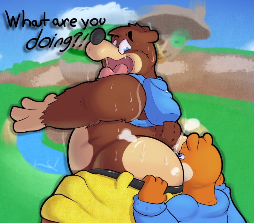 anthro ass backpack banjo-kazooie banjo_(banjo-kazooie) bear belt big_butt blue_clothing blue_eyes blue_jacket blue_topwear bodily_fluids bottomwear brown_body brown_fur butt_sniffing clothing conker conker's_bad_fur_day dialogue duo english_text forced fur gay hi_res inflatingskunk jacket looking_at_another looking_back looking_back_at_another male male/male mammal musk musk_clouds musky_butt no_shirt open_mouth orange_body orange_fur pants rareware rear_view rodent sciurid short_tail shorts sniffing surprise surprised_expression sweat sweaty_butt tail text topwear tree_squirrel