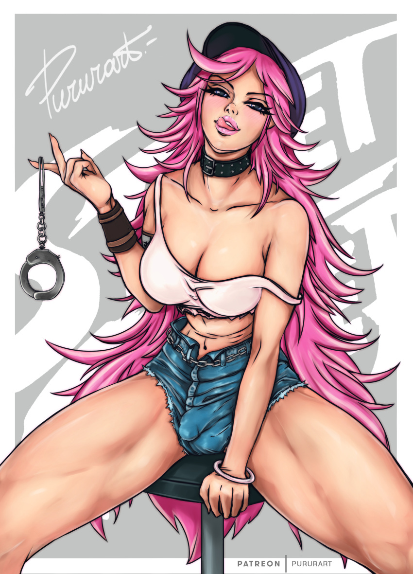 1futa 2019 balls big_breasts breasts bulge bulge_through_clothing cap cleavage clothed clothing collar collared cuffs flaccid fully_clothed futa_only futanari genital_outline human licking_own_lips light-skinned_futanari light_skin long_hair military_hat penis pink_hair poison_(final_fight) pururart short_shorts solo street_fighter thick_thighs