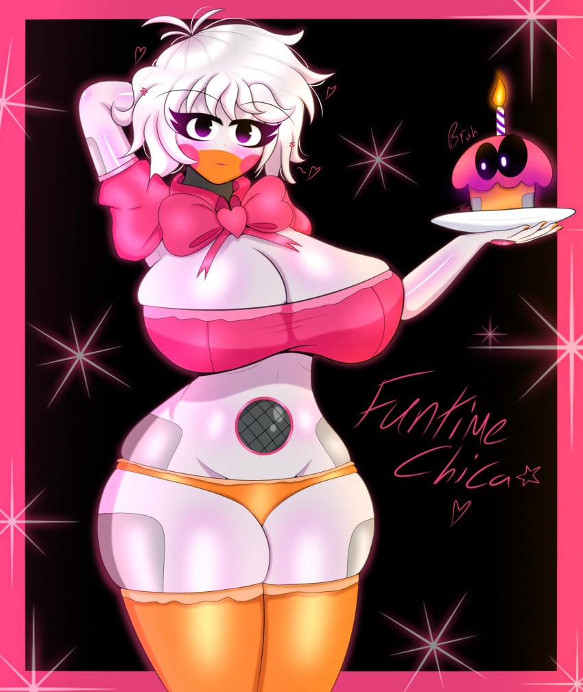 4k adorable_face bowtie breasts breasts_bigger_than_head cupcake cupcake_(fnaf) five_nights_at_freddy's five_nights_in_anime funtime_chica_(fnaf) gothtrishy heart hi_res highres huge_breasts lipstick looking_at_viewer panties pink_eyes purple_eyes robot robot_girl robot_humanoid shiny_skin short_hair solo squishy text thick_thighs thighhighs thighs ultimate_custom_night white_hair