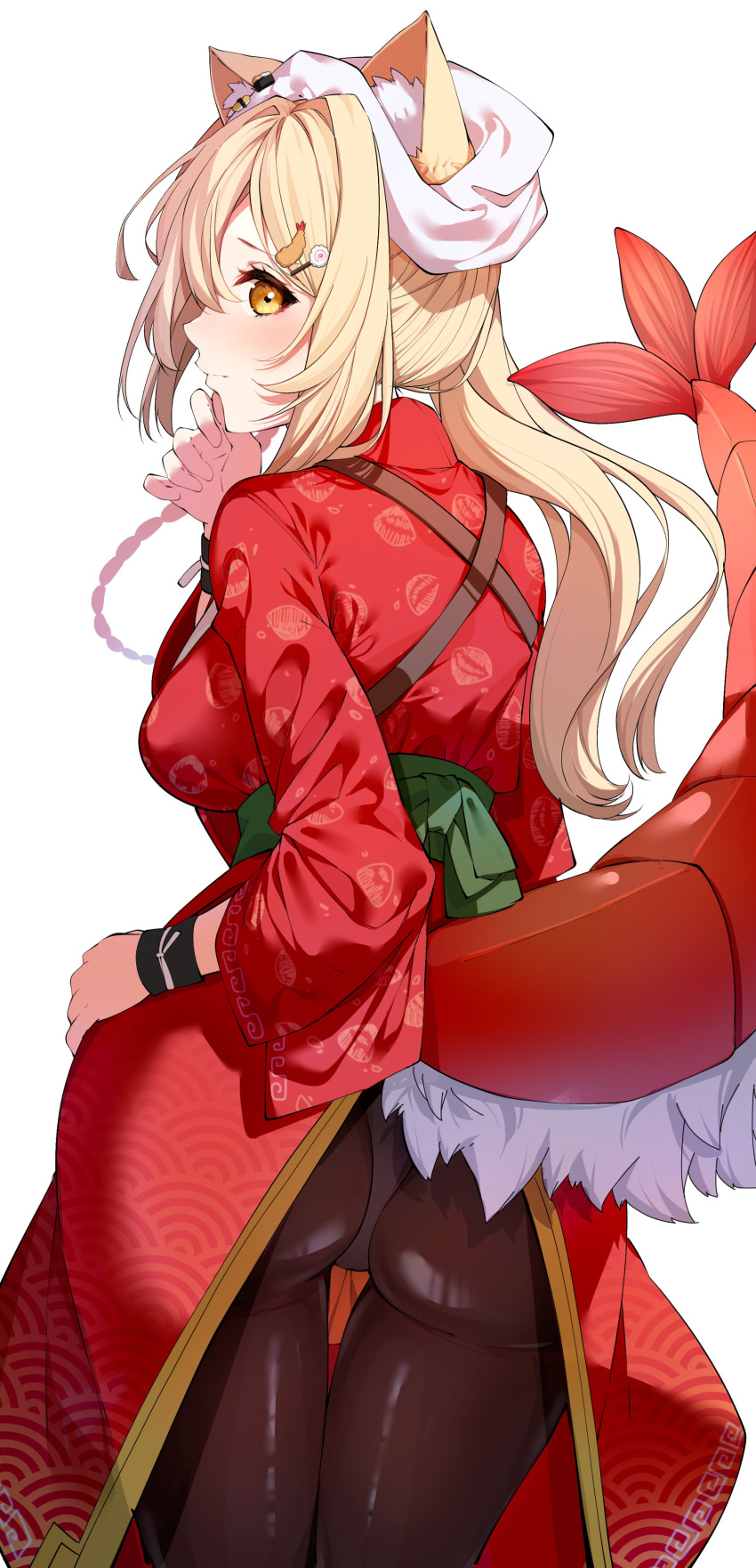 animal_ear_fluff animal_ears ass black_pantyhose blonde_hair blush breasts closed_mouth ebiko_(vtuber) female from_behind hair_ornament japanese_clothes long_hair long_sleeves looking_at_viewer looking_back panties panties_under_pantyhose pantyhose simple_background solo tail thigh_gap virtual_youtuber white_background xdarjeelingxtea yellow_eyes