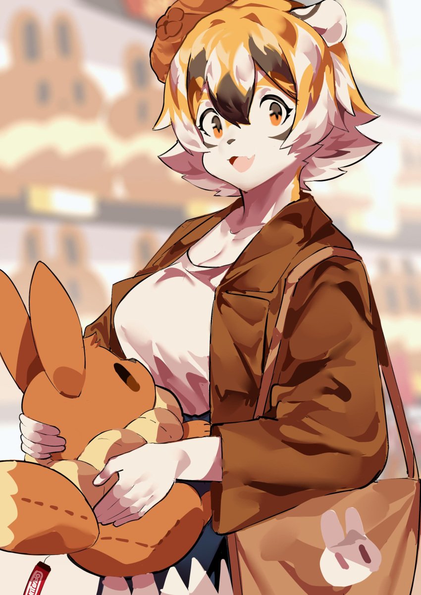 breasts brown_jacket calico_pattern clothed clothing eevee feline_humanoid female furry jacket mei_xiang mx99926 nintendo original plushie pokemon purse shirt tagme white_shirt wholesome