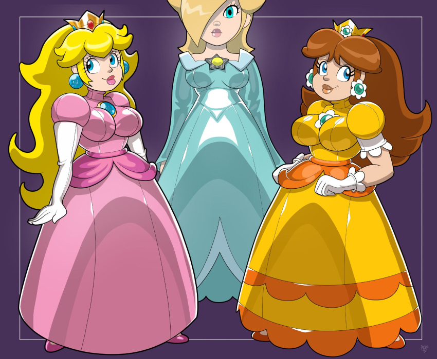 3girls atomictiki blonde_hair blue_eyes breasts brown_hair crown dress female female_only latex latex_clothing latex_dress mario_(series) nintendo princess_daisy princess_dress princess_peach princess_rosalina shiny_clothes